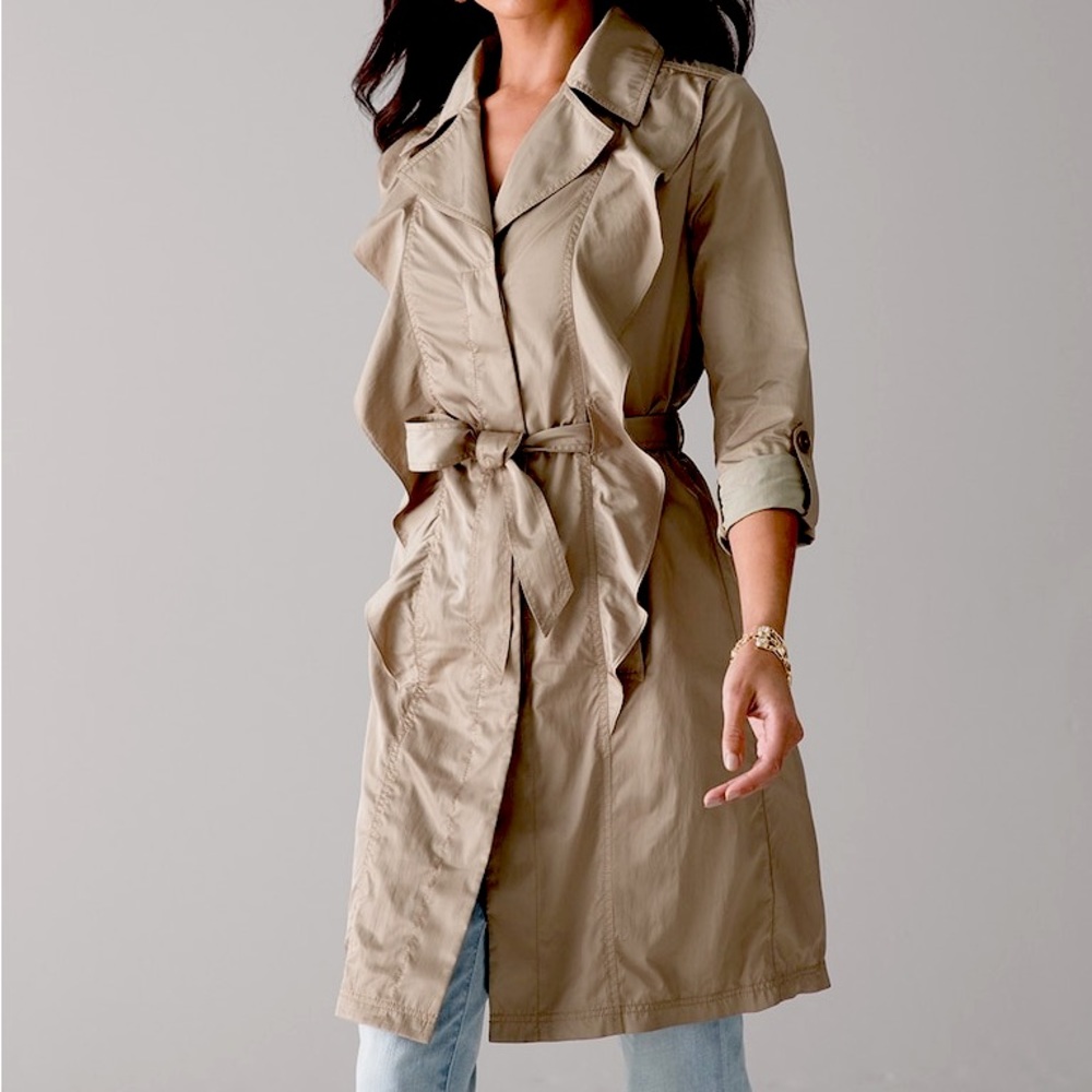 WHBM satin ruffle trench coat (color more olive shown in photos 3 and 4)